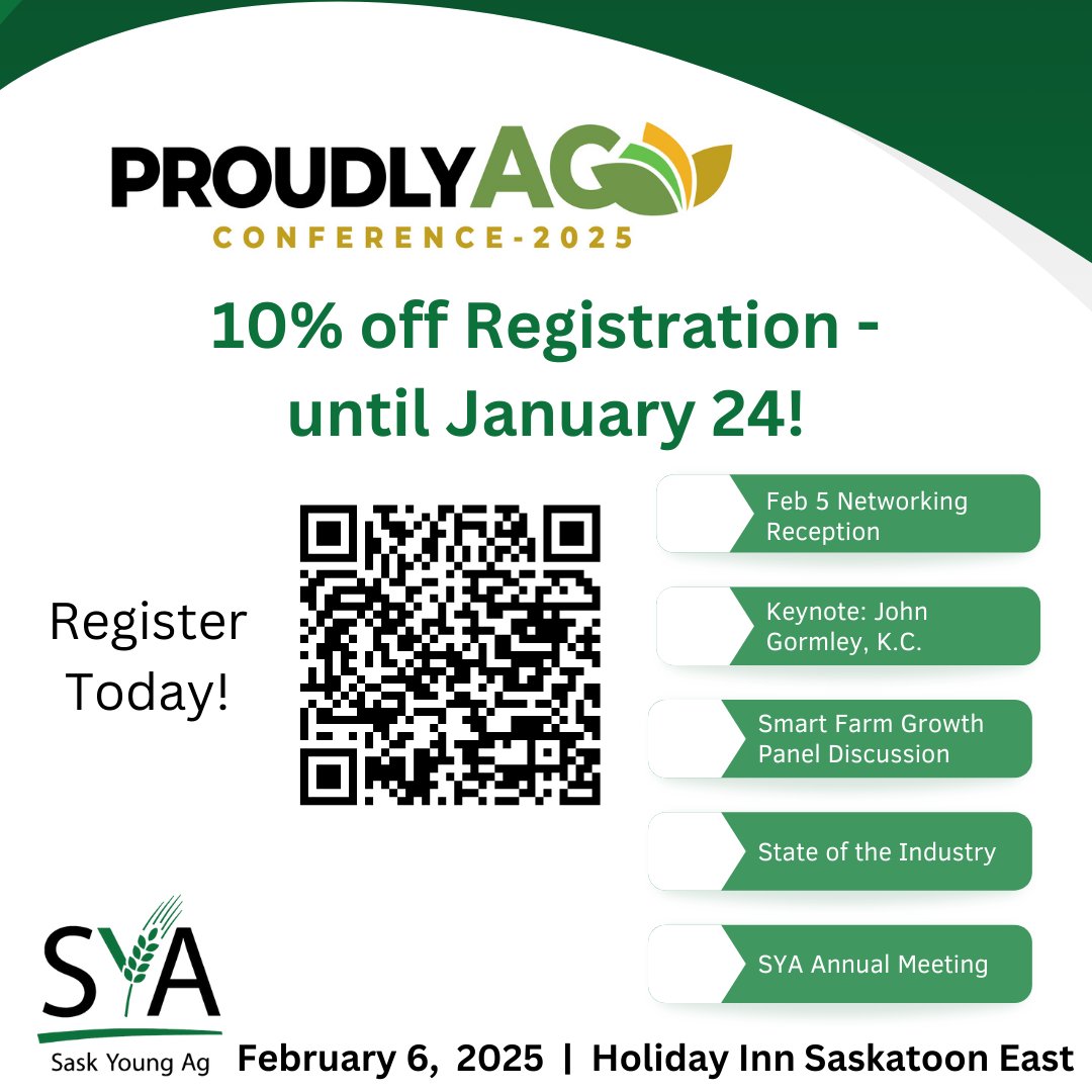Today is your last day to save $$ on your registration for SYA's Proudly Ag Conference!

Use code DISCOUNT2025 for 10% off registration. Also, if you register before the end of day today, your name will be entered into a draw for a free conference registration.
