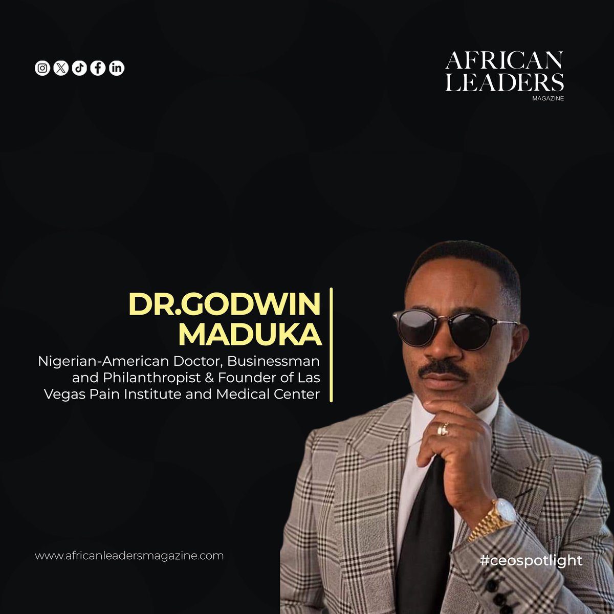 Dr.<a href="/GodwinMaduka/">Godwin Maduka</a> : From humble beginnings in Nigeria to founder of the #1 pain management institute in the U.S., he's trained 150+ doctors globally and transformed his hometown, Umuchukwu, with schools, homes, and hospitals.

#MedicalTrailblazer #Philanthropy #AfricanExcellence