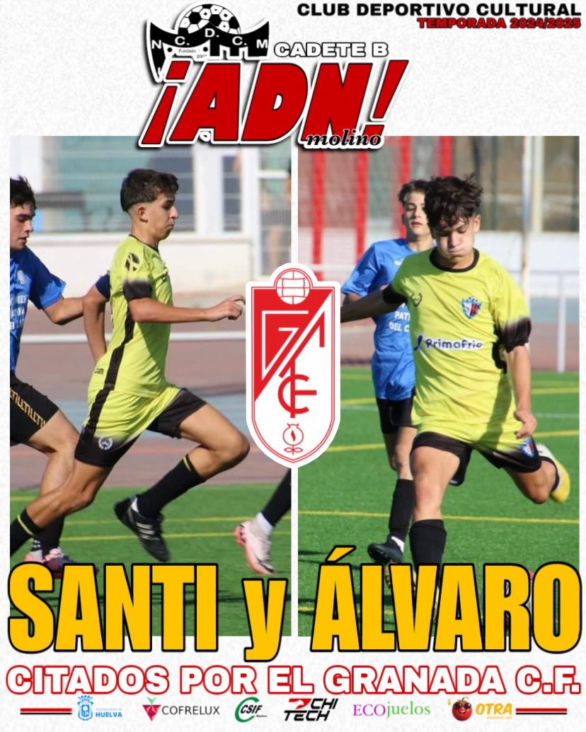CdcNuevoMolino's tweet photo. 🔴La gran temporada de SANTI y ÁLVARO no está pasando desapercibida para las grandes canteras y han sido citados por el GRANADA CF para realizar un entrenamiento en sus instalaciones 💪🏻❤️🖤
#CompetimosyFormamos #NMolinoCadB https://t.co/pHJVb8zKTb