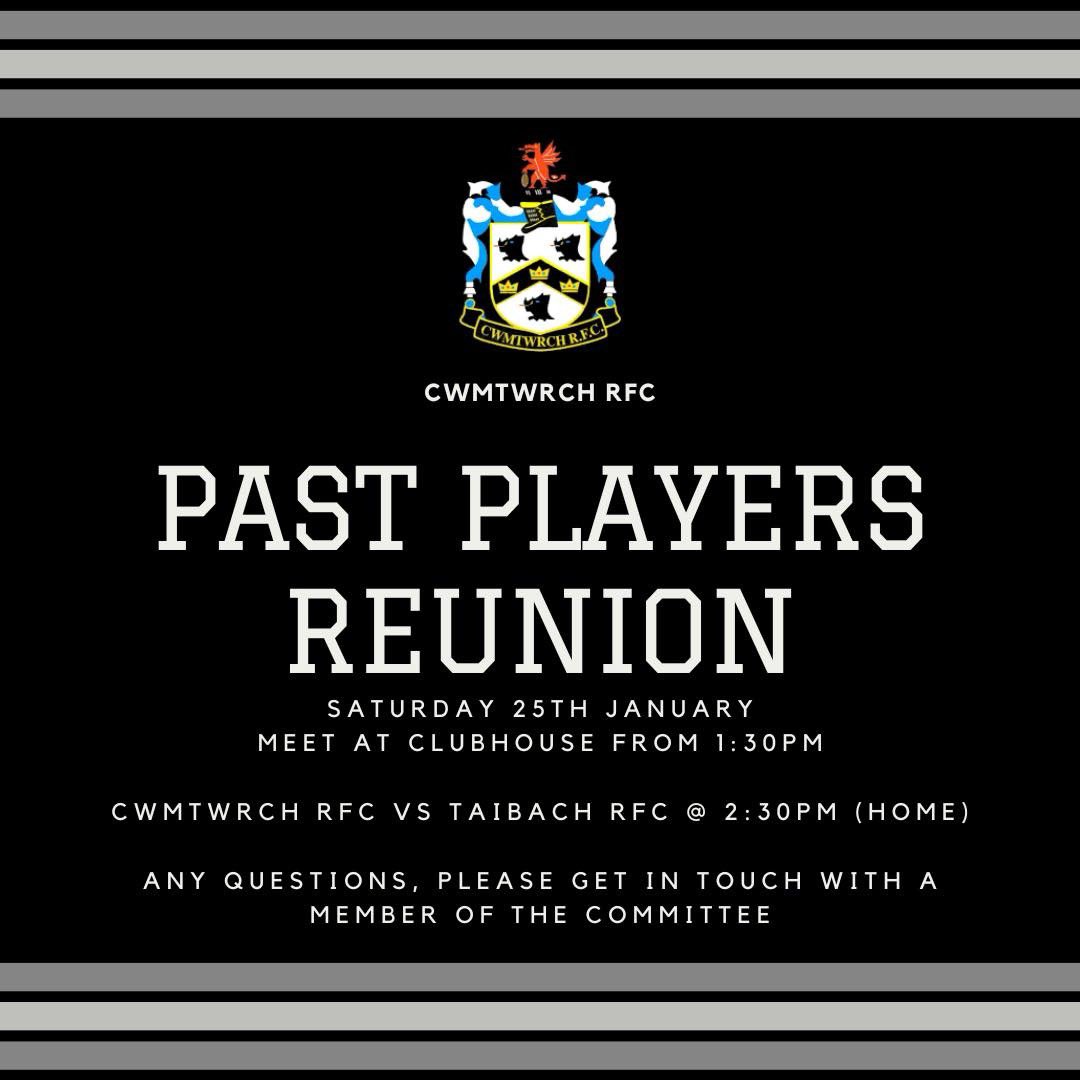 ✨TOMORROW✨

Past Players Reunion on Saturday 25th January. Meet at the clubhouse from 1:30pm. Will be great to see as many of you there as possible!🤩

Cwmtwrch vs Taibach (home) @ 2:30pm.

Let us know if you have any questions🐗

#FelUn
