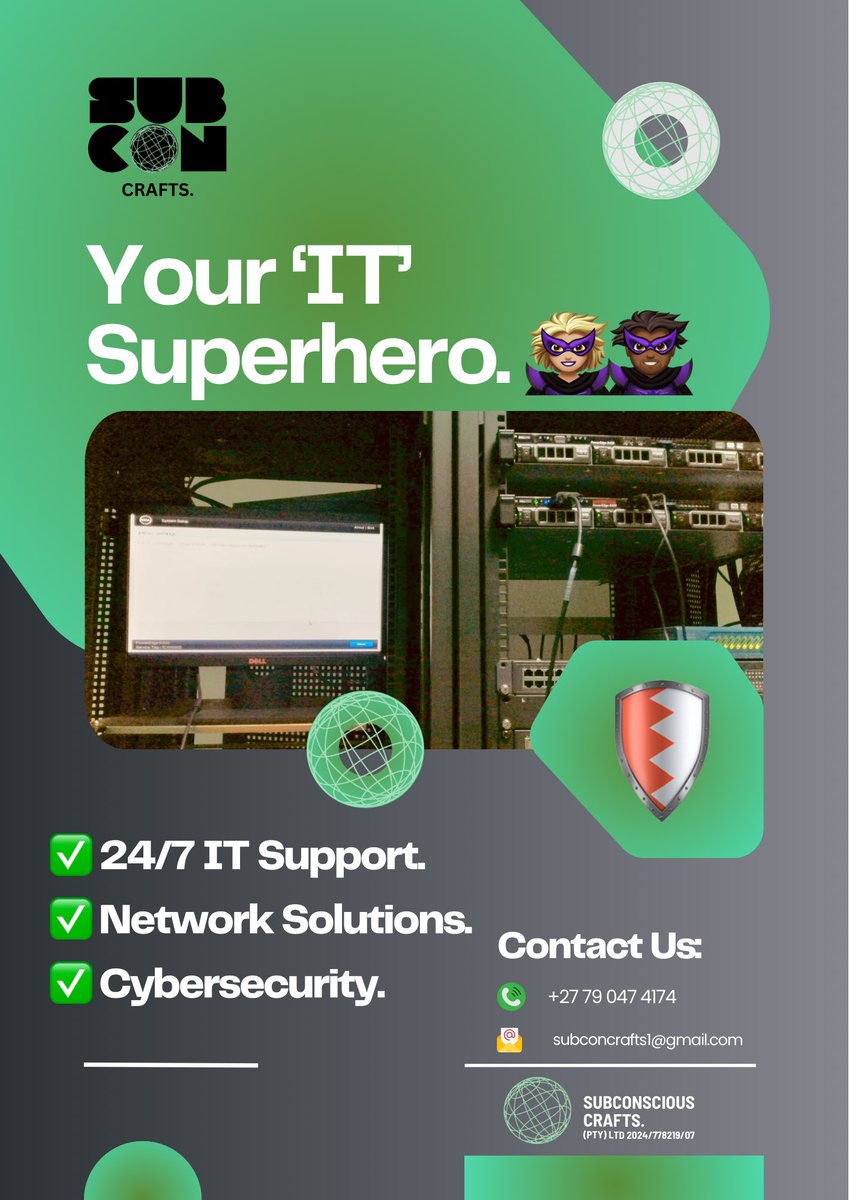 SubConCrafts's tweet photo. 💻 “Not all heroes wear capes. Some fix servers, secure networks, and solve IT crises. 

Be the hero your business deserves with Subconscious Crafts. 🚀” 
📞 +27 79 047 4174 📧 subconsciouscrafts1@gmail.com
 #TechSupport #BusinessSolutions #ITHelp https://t.co/zWGeSFHoJG