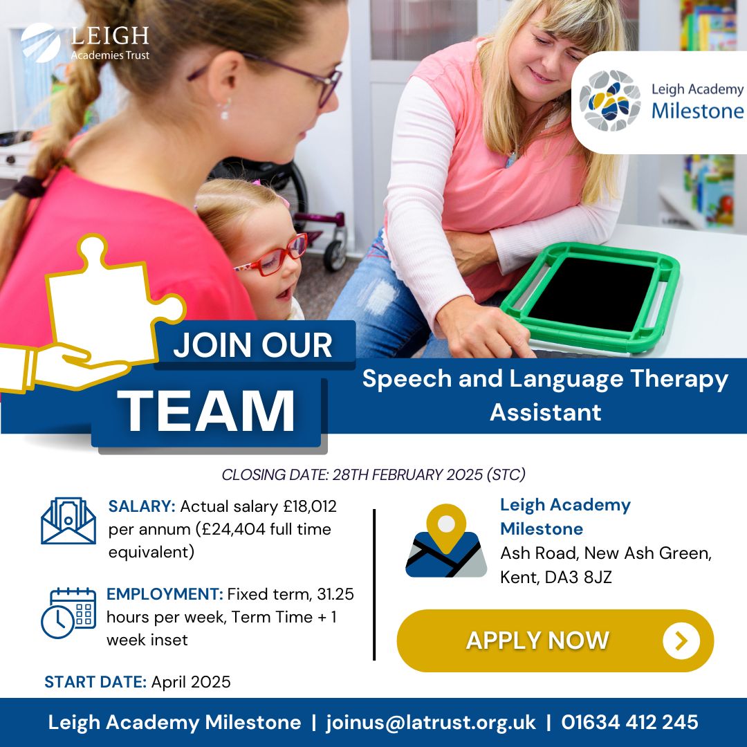lat_careers's tweet photo. Leigh Academy Milestone has an exciting opportunity to appoint a Speech & Language Therapy Assistant.
Click here to learn more and apply: https://t.co/YcoaxUXS62
#LATLife #LATCareers #hiring #educationjobs #schooljobs https://t.co/EKDDQ6w4Da
