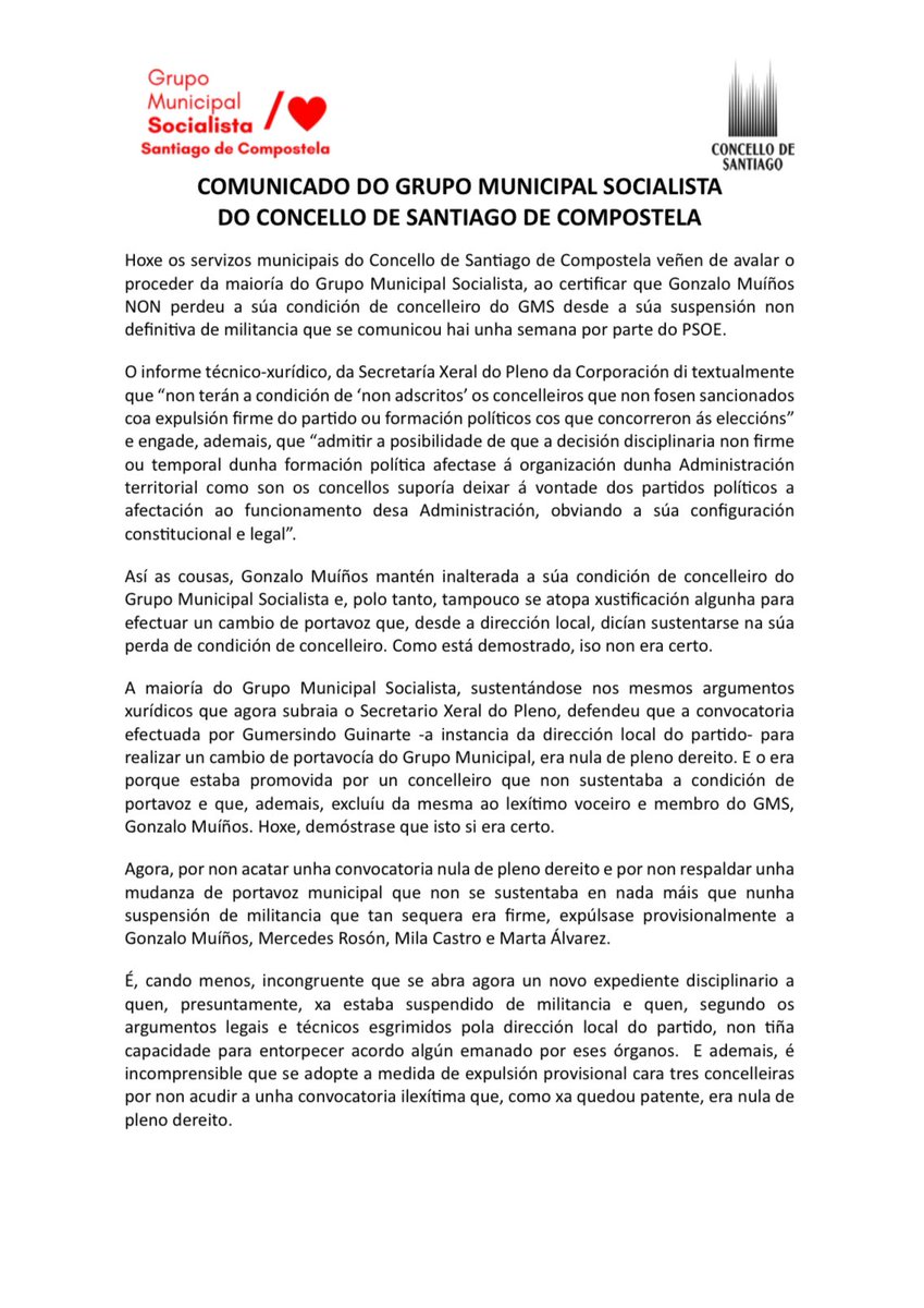 NonAds_Santiago's tweet image. Comunicado do Grupo Municipal Socialista sobre a expulsión provisional comunicada hoxe a @gonzalomuinos , @mrosonf , @Milacastross e Marta Álvarez

Tamén coas consideracións do informe da Secretaría Xeral do Pleno da Corporación que pon negro sobre branco en relación á situación…