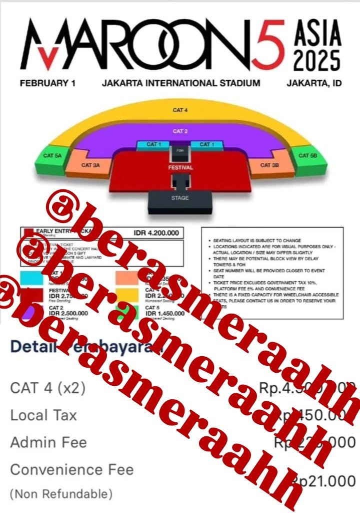 berasmeraahh's tweet photo. WTS WANT TO SELL

konser maroon 5 asia - 2025
Jakarta, 1 Februari 2025

2 tix CAT 4 (tix atas nama pribadi)

dijual karena tabrakan dengan jadwal akademik kuliah, yang mau boleh langsung dm aja 🤗🤗
#zonauang #Maroon5AsiaTour #Maroon5inJakarta #wtsmaroon5
#wtbmatoon5 
WTS WTB https://t.co/F6rOSvwy18