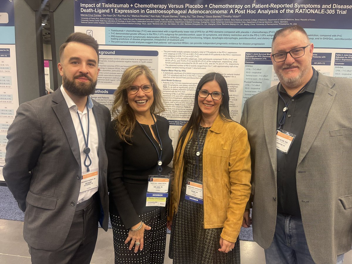 mcruzcorrea's tweet photo. Day 2 @ASCO GI #GI22 presenting our research work on 1st line therapy for #GastricCancer with #Tisleluzumab demonstrating an improved overall survival for the anti-PD1 and better patient reported outcomes compared with chemotherapy. Thank you @BeiGeneGlobal for the opportunity to provide access to our patients in 🇵🇷