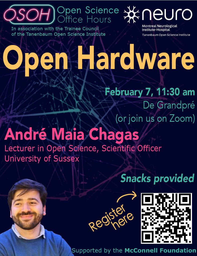 TOSI_trainees's tweet photo. ✅Save your spot at our next hybrid workshop and learn how to get started with Open Hardware! 
🗓️Fri, Feb 7 at 11:30 am (ET) @TheNeuro_MNI
or via Zoom 
🧑‍🔬Join our expert André Maia Chagas from
@openneurosci, Lecturer in Open Science at the University of Sussex
👇Link &amp; details https://t.co/wEyLHhxyYQ