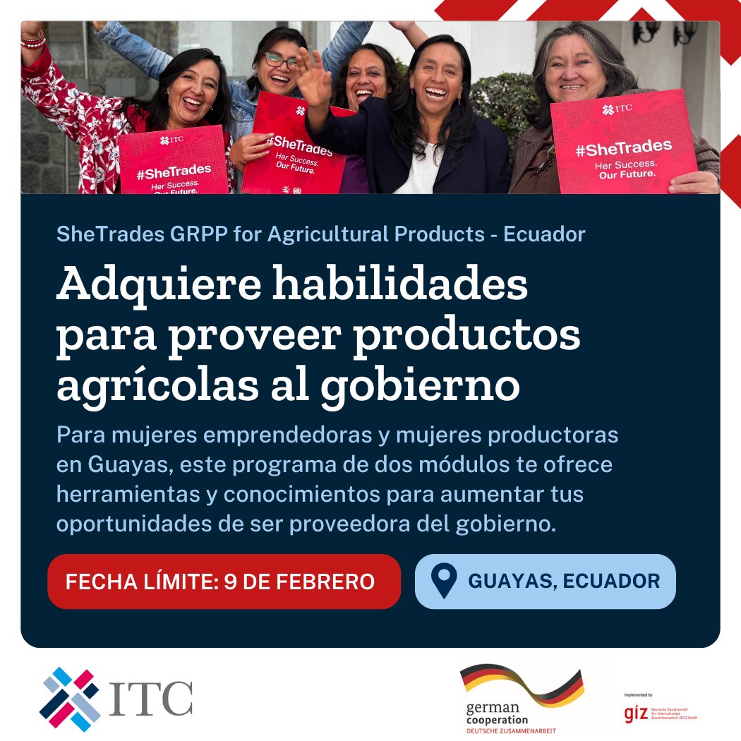 ITC_SheTrades's tweet photo. ¡Llamado a las mujeres de Guayas!🇪🇨

Postúlate para nuestras capacitaciones y aprende los procesos para convertirte en proveedora de productos agrícolas para el Estado.

📍Guayaquil
📅25 de feb, 11 de marzo.
🔗https://t.co/VJuZ3FSPu3

@ITCnews | @GIZEcuador | @giz_gmbh | @Produccion_Ecu