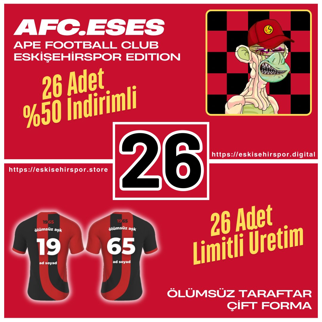 🖤 26 Adetle Limitli Ölümsüz Taraftar Çift Forması ile Sevdiğinizle ve Eskişehirspor’la Aşkınızı Ölümsüzleştirin eskisehirspor.store

❤️ 26 Adetle Limitli %50 İndirimli AFC.ESES NFT Eskişehirspor Digital Spor Platformunda! AFC Sweatshirt, Adınıza Özel AFC Forma, Adınıza Özel