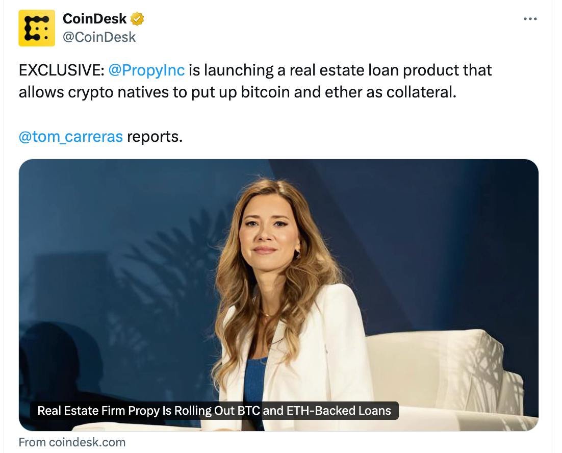 PropyInc's tweet photo. Starting 2025 with the first breakthrough: The first-ever BTC loan onchain backed RWA will be available for a property sale on January 29th. No need for a lengthy approval, no need to exit your crypto when buying real estate. This is the first big step to rewrite the whole banking and mortgage industry, to make the $300T real estate industry liquid and swappable with the ultimate store of value - Bitcoin. 

Details on the first offering: The two-year loan is double collateralized onchain —secured by a $250k Hawaii income-producing property and $250k in Bitcoin. Instant closing! 
Full article in the comments below: