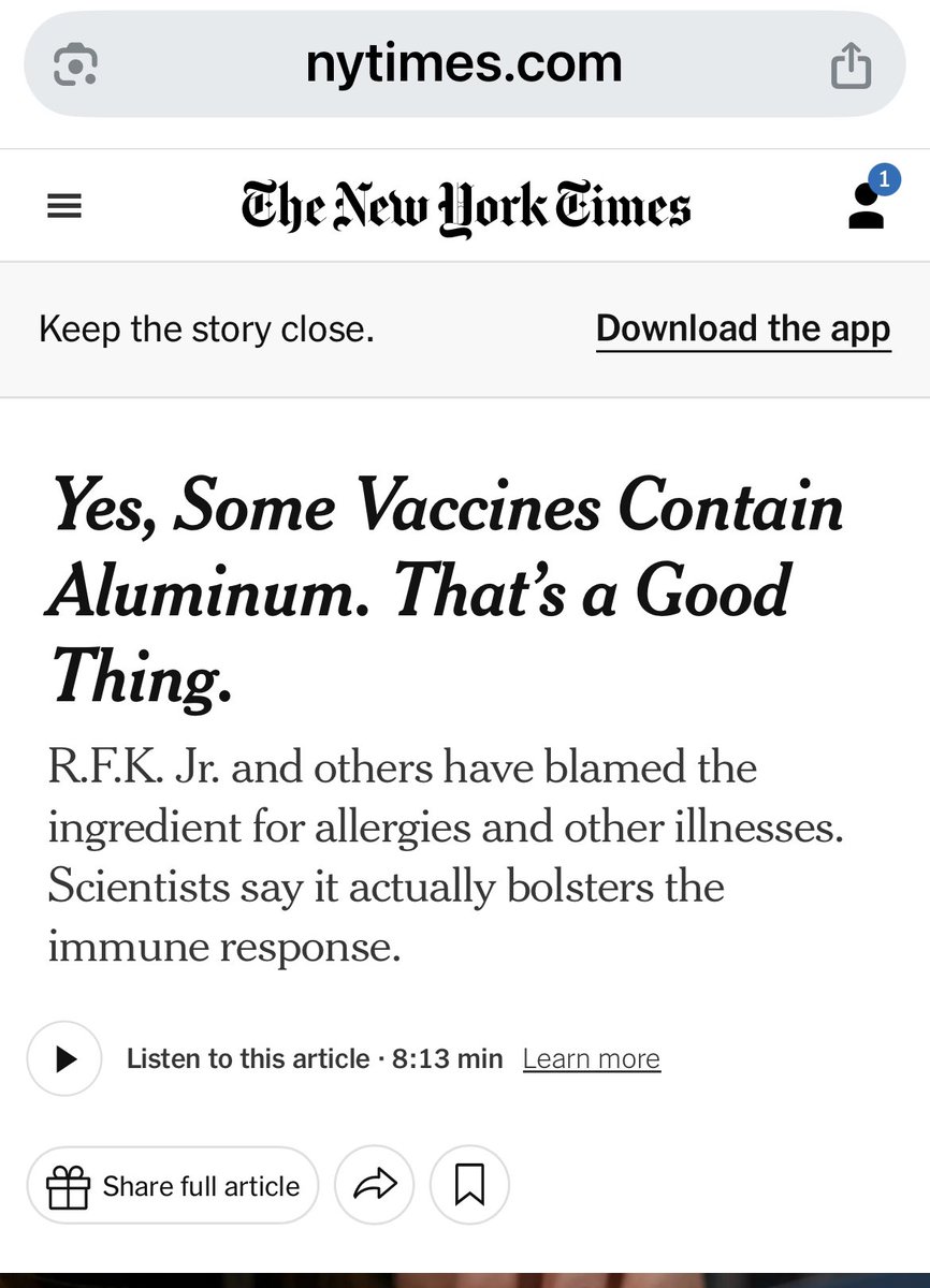 The <a href="/nytimes/">The New York Times</a> has officially lost it with this headline. Aluminum in vaccines is unequivocally dangerous. <a href="/teddyrosenbluth/">Teddy Rosenbluth</a>