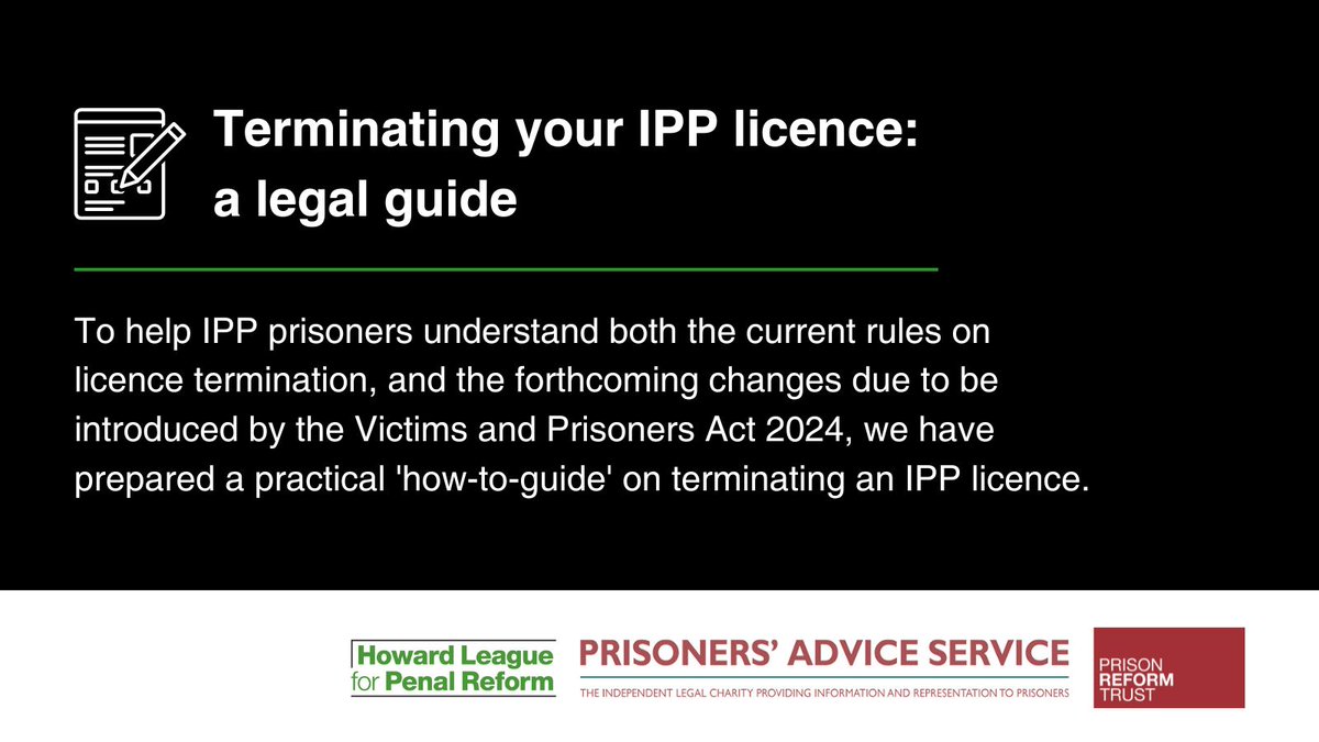 The Howard League (@thehowardleague) on Twitter photo Our legal guide 'Terminating your IPP licence' explains when and how a person serving an IPP or DPP sentence can get their licence terminated.
This guide was created with <a href="/LauraJanes_UK/">Dr LauraJanes</a>, <a href="/PRTuk/">Prison Reform Trust</a> and <a href="/PrisonersAdvice/">PAS</a>.
⬇️ Download it here: howardleague.org/publications/t… Our legal guide 'Terminating your IPP licence' explains when and how a person serving an IPP or DPP sentence can get their licence terminated.
This guide was created with <a href="/LauraJanes_UK/">Dr LauraJanes</a>, <a href="/PRTuk/">Prison Reform Trust</a> and <a href="/PrisonersAdvice/">PAS</a>.
⬇️ Download it here: howardleague.org/publications/t…