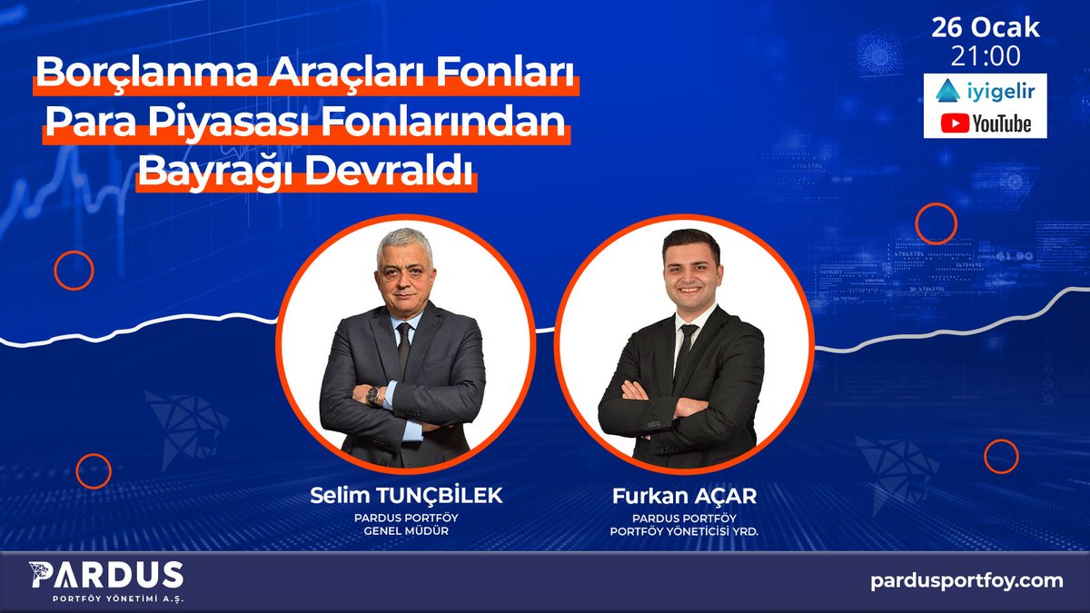 📢 Borçlanma Araçları Fonları, Para Piyasası Fonlarından Bayrağı Devraldı!

📅 26 Ocak 2025
⏰ Saat 21:00
📍 İyi Gelir YouTube Kanalı

💬 Bu önemli değişimi ve detaylarını konuşuyoruz!
👉 Moderatör: İyi Gelir Yönetici Ortağı Prof. Dr. <a href="/ProfEren/">Prof. Dr. Serra Eren Sarıoğlu</a>
👉 Konuklar: Pardus Portföy Genel