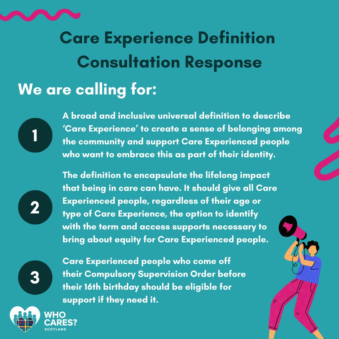 Today we have released 2 consultation responses on: 

👩‍⚖️The Children's Hearing System Redesign - ow.ly/rAvy50UMuUK

📖The definition of Care Expereince - ow.ly/aaYK50UMuUJ

Click ⬆️ for full reports or check out our highlight graphics to see what we're calling for.