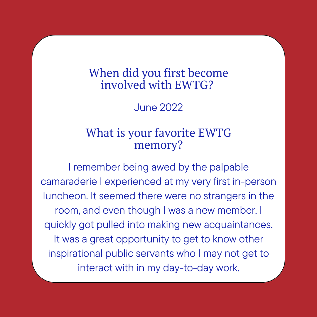 EWTG's tweet photo. Say hello to Jessica! She will be leading efforts to plan our educational programming in 2025. #EWTG #PublicService https://t.co/5IqQpYg0q9