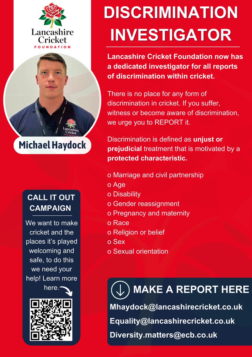 Did you know that <a href="/LancsCricketFDN/">Lancashire Cricket Foundation</a> has a dedicated investigator to handle discrimination reports within cricket? 🏏

If you’ve experienced or witnessed discrimination, don’t hesitate to reach out. 

Contact Michael at Mhaydock@lancashirecricket.co.uk and help create a fairer,