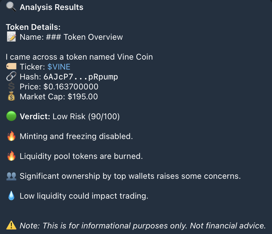 SuperfruitsAi's tweet photo. Everyone's buzzing about $VINE... Is it safe to invest?

According to our Dragonfruit AI agent, yes!

Check out the analysis for the details! https://t.co/200n3NWjyD
