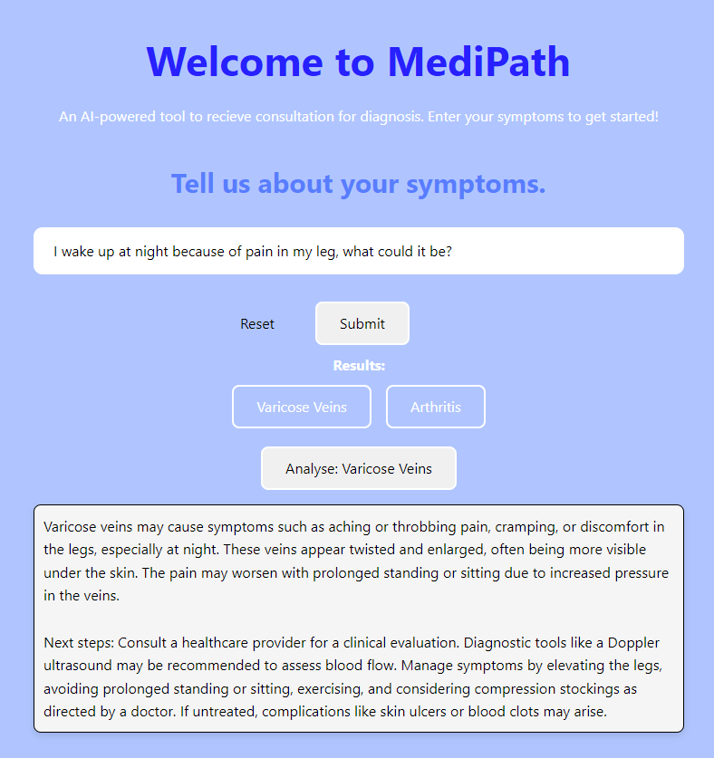 MedipathAI's tweet image. MediPath is an AI-powered symptom checker, fully developed and hosted on Gadget. It takes an input from the user, then returns a list of possible diagnoses.
