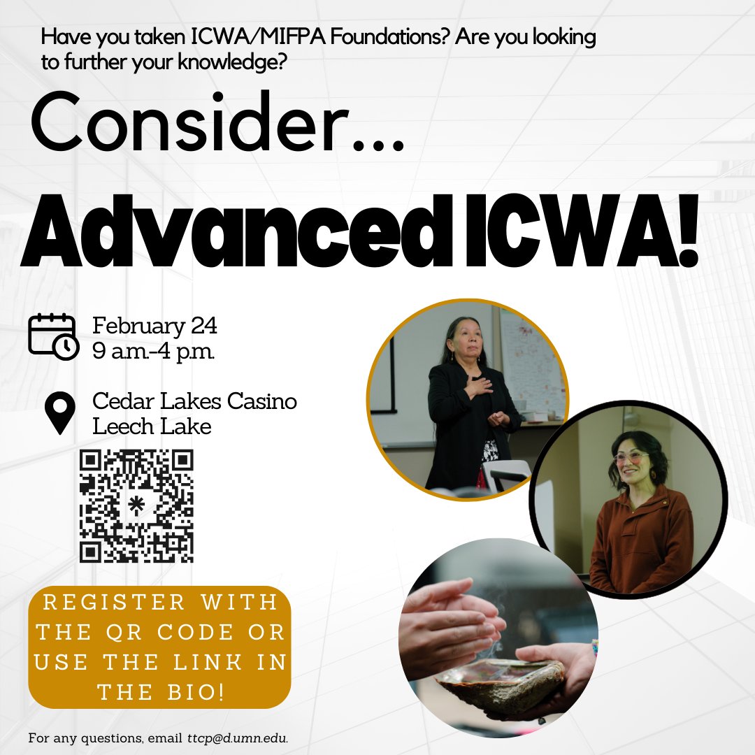 #Reminder in one month: Have you taken ICWA/MIFPA Foundations? Are you looking to further your knowledge on #ICWA? Please join us for Advanced ICWA. This is open to county and tribal workers! Find out more info with the QR code or the link in the bio!

#training #childwelfare
