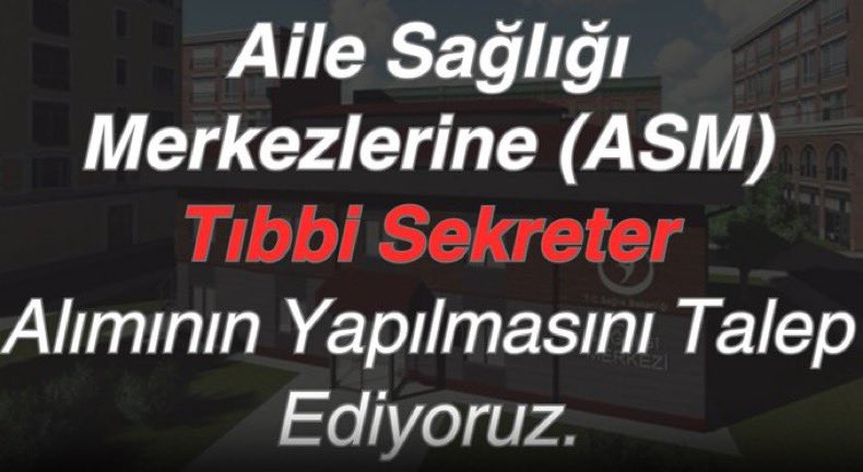 Aile Sağlığı Merkezlerine (ASM) Tıbbi Sekreter istihdamı talep ediyor, bu doğrultuda hekimlerimizin iş yükünü hafifletmek istiyoruz.
<a href="/drmemisoglu/">Prof. Dr. Kemal Memişoğlu</a> <a href="/memindemirkoltr/">Doç. Dr. Muhammed Emin DEMiRKOL</a> <a href="/sagliklicozum/">T.C. Sağlık Bakanlığı Sağlıklı Çözüm</a>
#CBSağlıktaAlımıBölme