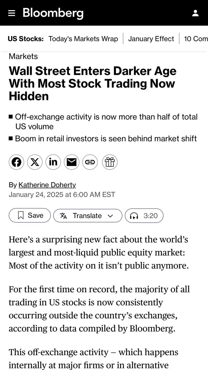 kshaughnessy2's tweet photo. We are supposed to believe Bloomberg is so surprised by all the dark pool trading, especially the OTC trades sent there???
This article is disingenuous at best.
"..For the first time on record, the majority of all trading in US stocks is now consistently occurring outside the countryโs exchanges, according to data compiled by Bloomberg.
This off-exchange activity โ which happens internally at major firms or in alternative platforms known as dark pools โ is on course to account for a record 51.8% of traded volume in January.
Barring an unexpected dip, it will be the fifth monthly record in a row, and the third month running that hidden trades make up more than half of all volume....
...For now the threat to market efficiency remains a distant concern, with 48.2% of trades in January still happening on-exchange.
Instead, the change is perhaps more useful as an indicator of the evolving market landscape.
Kurzrok at Jefferies notes that the surge in off-exchange activity corresponds with increased volumes in stocks worth less than $1, which are typically traded by retail investors.
That makes sense, since that business is often handled internally by market-making giants like Citadel Securities and Virtu Financial.
When those sub-dollar stocks are stripped out of the data, off-exchange trading remains below 40% of total volume, according to calculations by Jefferies.
So the apparent shift away from exchanges โdoesnโt necessarily mean trading in one stock or all stocks is going to be worse off on any particular day,โ Kurzrok said...."
https://t.co/ikL72OLnx7
@ham59591shorts @FlyEaglesFly529 @faulkingtruth