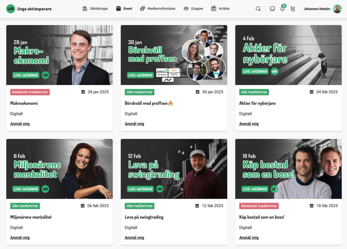 mycket grymma live-webinar på G! 🤠

4 stycken som är gratis för alla under 31 år inom en månads tid.

medlem.ungaaktiesparare.se/event-lista/?l…

<a href="/Investeraren/">Nicklas Andersson</a> <a href="/aktiealbin/">Albin Kjellberg</a> <a href="/NordnetAra/">Ara Mustafa</a> <a href="/schon_felicia/">Felicia Schön</a> <a href="/Investacus/">Investacus 🧠 💰</a> <a href="/CcFalkesand/">Cecilia Falkesand</a>