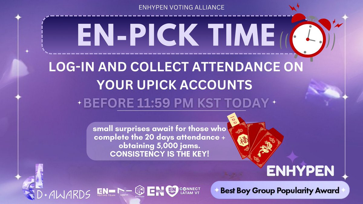 ⏰ IT’S #EN_PICK TIME! ⏰

Log in to UPICK &amp; complete ATTENDANCE TODAY, JAN 25! The FINALs battle already started and it is TOUGH❗️

Don't miss it today!

#ENHYPEN’s win is an ENGENE’s win❤️‍🔥
1 lucky winner gets 100PHP
5 lucky winners get 20PHP each

#ENPAO