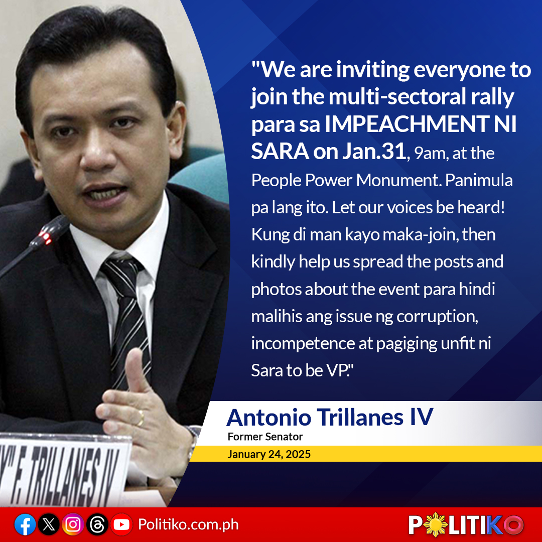 Politiko_Ph's tweet photo. ARE YOU IN?

Former Senator Antonio Trillanes IV (@TrillanesSonny) is calling on everyone to join a protest rally next week aimed at pushing for the impeachment of Vice President Sara Duterte.

The protest action against Duterte will be held on January 31 at the People Power Monument.

FULL STORY: https://t.co/z9YxzPwM6p