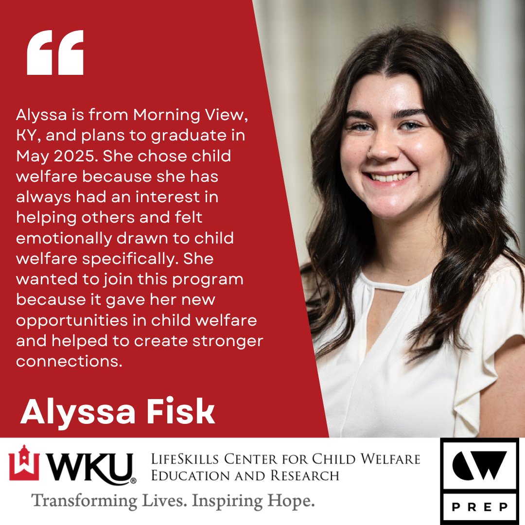 WKUChildWelfare's tweet photo. The Child Welfare Prepare, Retain, Engage and Partner Program(CW PREP)is a partnership between the Kentucky Cabinet for Health and Family Services and university undergraduate social work programs. Meet Alyssa Fisk an amazing CW PREP Student! 
@CHHS_WKU
@GriffithsPhD
@CW_Prep https://t.co/bJf3WGoaeM
