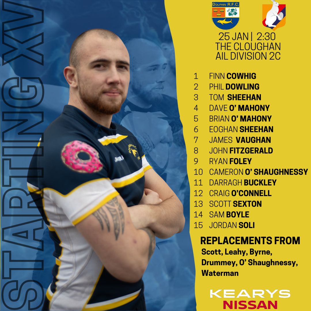 📰 Team News📰
Your Dolphin side to face Ballyclare tomorrow

2️⃣  changes from last week
🔥 Brian O' Mahony joins brother Dave in the engine room
💪 Ryan Foley comes in at 9
👊 Sam Boyle keeps his on the wing

Best of Luck lads🐬