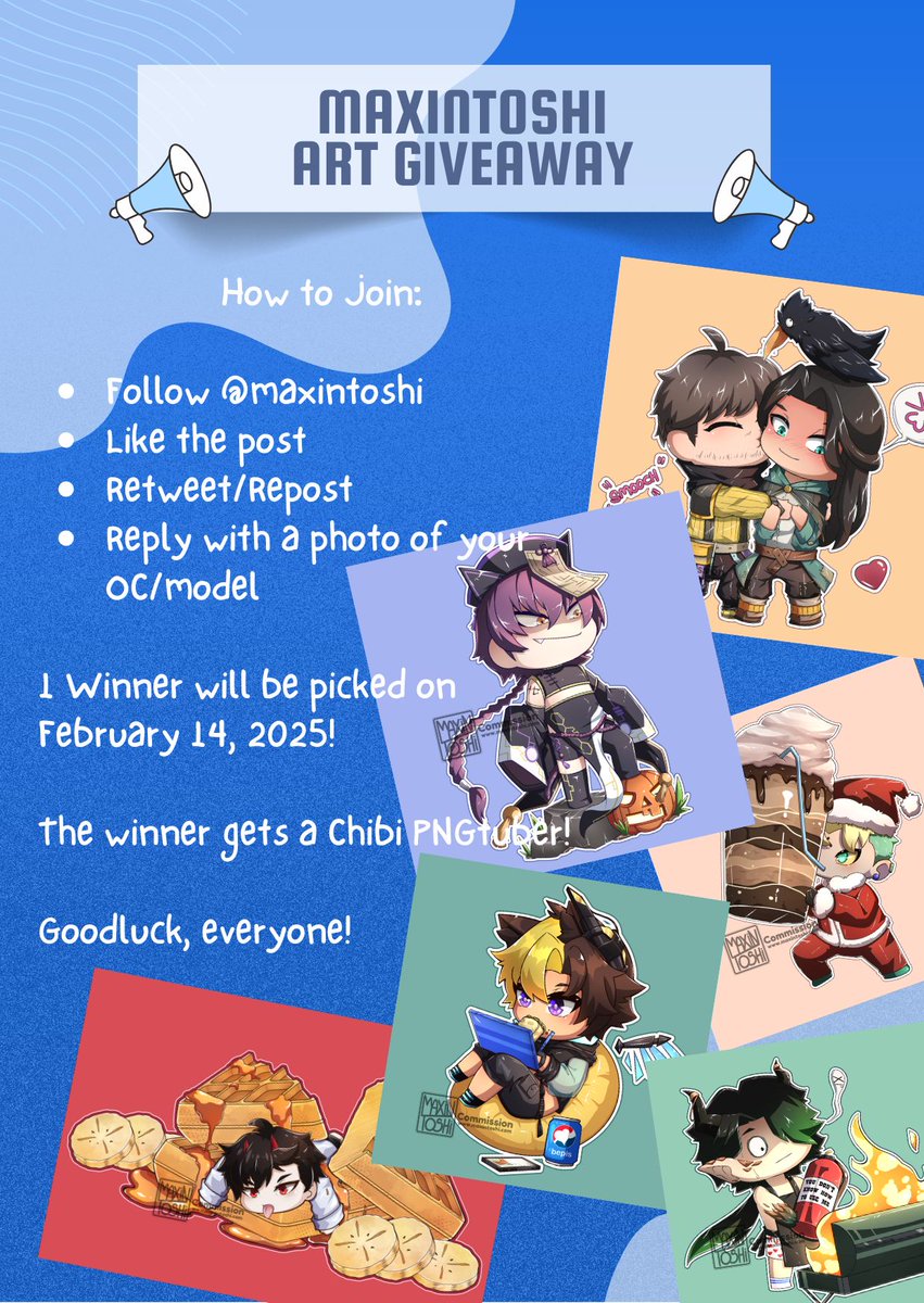 Maxintoshi's tweet photo. Hello, everyone! It's been a while since I've done this--mainly due to my busy schedule and pp brain. But I've decided to try doing one again! I'll most likely pick some finalists at random, then try to get some friends to be judges! Don't be shy to join and goodluck!

#artraffle https://t.co/53hdIqzTAj