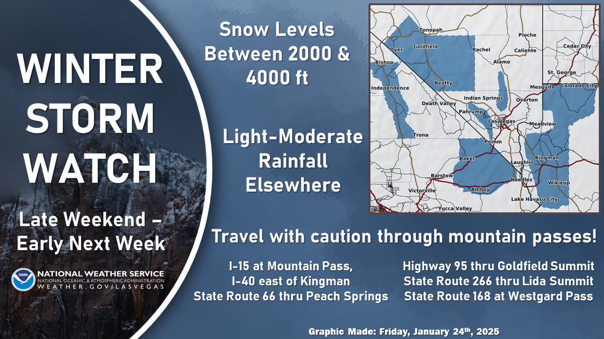 NWSVegas's tweet photo. Winter Storm Watches:
Eastern Sierra, Owens Valley, White Mtns, Esmeralda Co., northeastern San Bernardino Co., Spring Mtns, Sheep Range, &amp; Mohave Co..

Snow levels: 2000 - 4000 ft
Light-to-moderate rain elsewhere
Travel with caution through mountain passes!

#NvWx #CaWx #AzWx https://t.co/59R22zvXzV