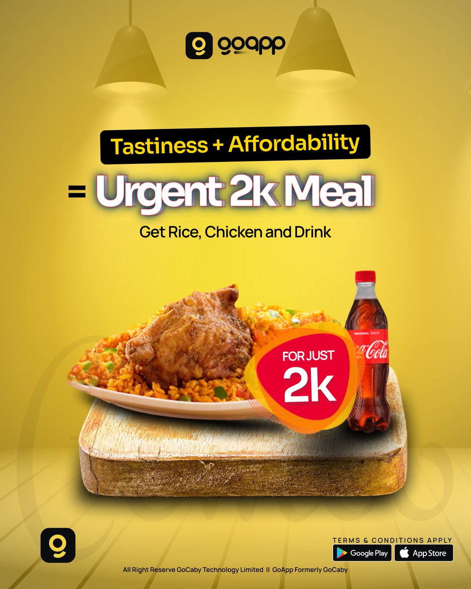 usegoapp's tweet photo. You don't have to break the bank to get lunch today.
Get Rice, Chicken and Drink for 2k - only available on the GoApp
#usegoapp #gocabyng #urgent2k #lunchideas #foodielagos #abujafoods https://t.co/jV2Wmdr0Ly