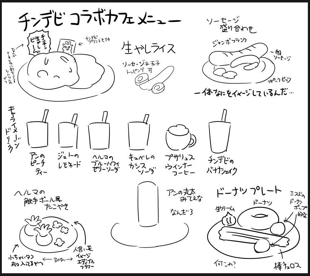 エゴサ意見なども取り入れてチンデビのコラボカフェメニュー考えてたけど(???)しばらくコラボカフェと縁が無いからあんまうまいこと考えられないな 難しいぜ