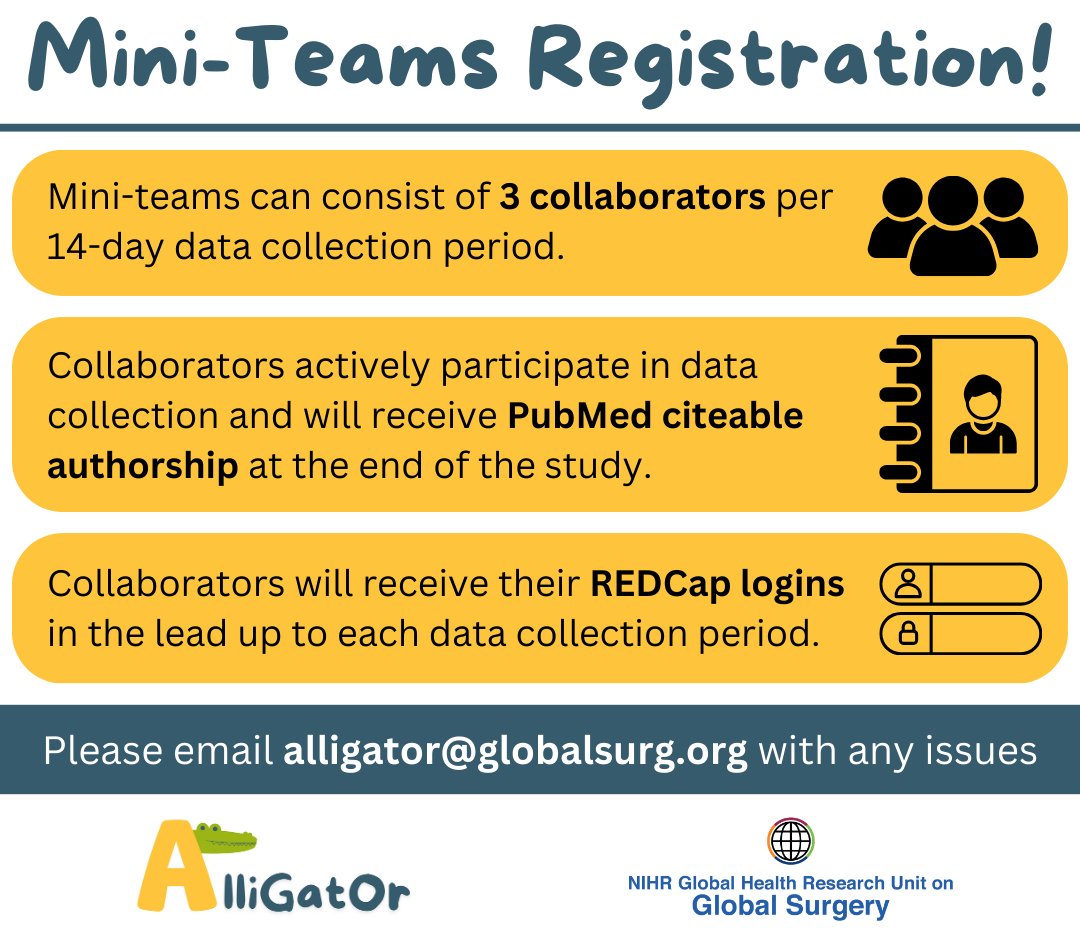 alligator_study's tweet photo. 🚨Attention Hospital Leads! Reminder to register your mini-teams on RedCap!🚨

#AlliGatOrstudy hospital leads can register a mini-team of 3 collaborators who actively participate in data collection over one or more 14-day data collection period🏥🐊 https://t.co/gLfIooBjZ7