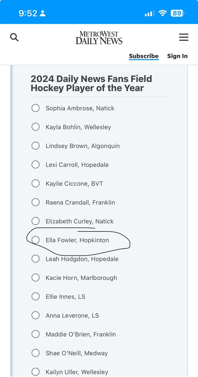 Please consider voting for me for 2024 Field Hockey Player of the Year! So proud to be nominated. <a href="/HillerAthletics/">Hopkinton Athletics</a> <a href="/MetroWestSports/">Daily News Sports</a>