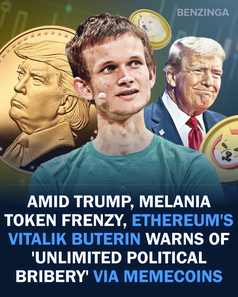 🚨 Vitalik Buterin sounds the alarm on political meme coins 🚨 The $ETH  co-founder warns these tokens, like $TRUMP and $MELANIA, could become  