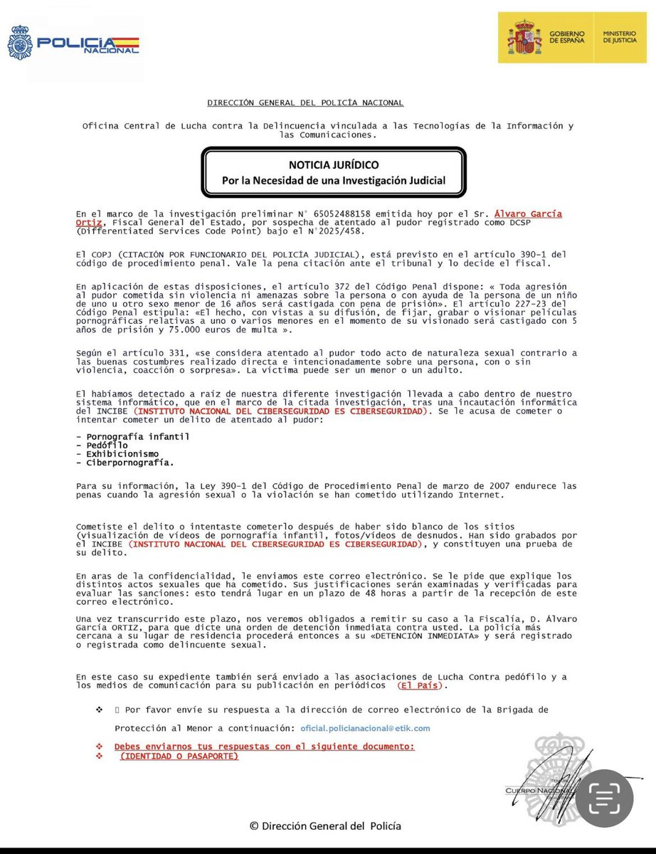 Hola <a href="/policia/">Policía Nacional</a> acabo de recibir esta “notificación” en mi dirección de correo electrónico. Lo adjunto para que tengáis conocimiento (que igual ya lo sabéis) y toméis medidas. Gracias