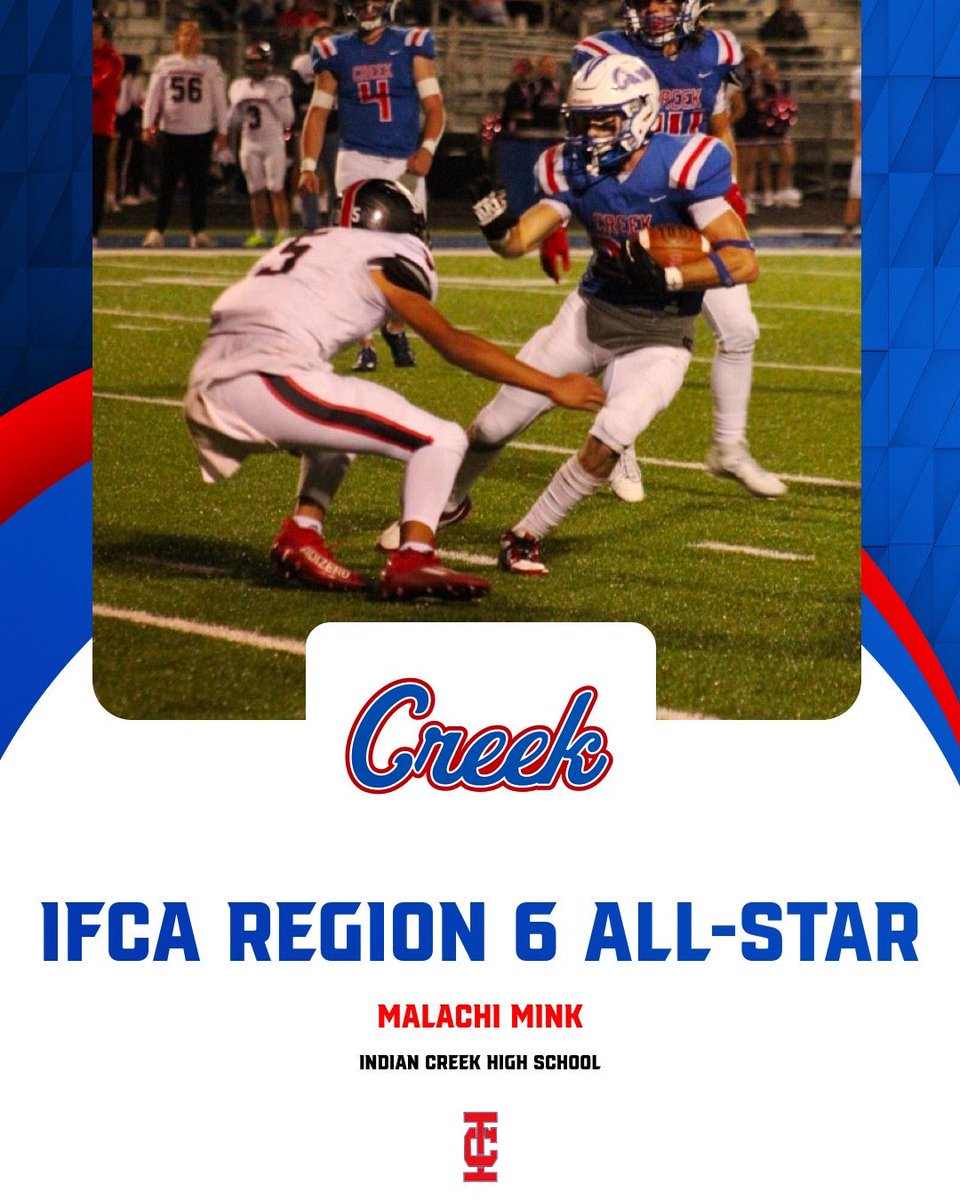 ICCoachGoodin's tweet photo. Huge Congratulations to Malachi Mink on being selected to the IFCA Region 6 All-Star Team! One step closer to representing Indian Creek in the IFCA North/South All-Star Game this July at Decatur Central High School!!

#SharpenTheSpear 🍢
#TheCreeklsRising 🌊 https://t.co/ZhkPFKcjTN