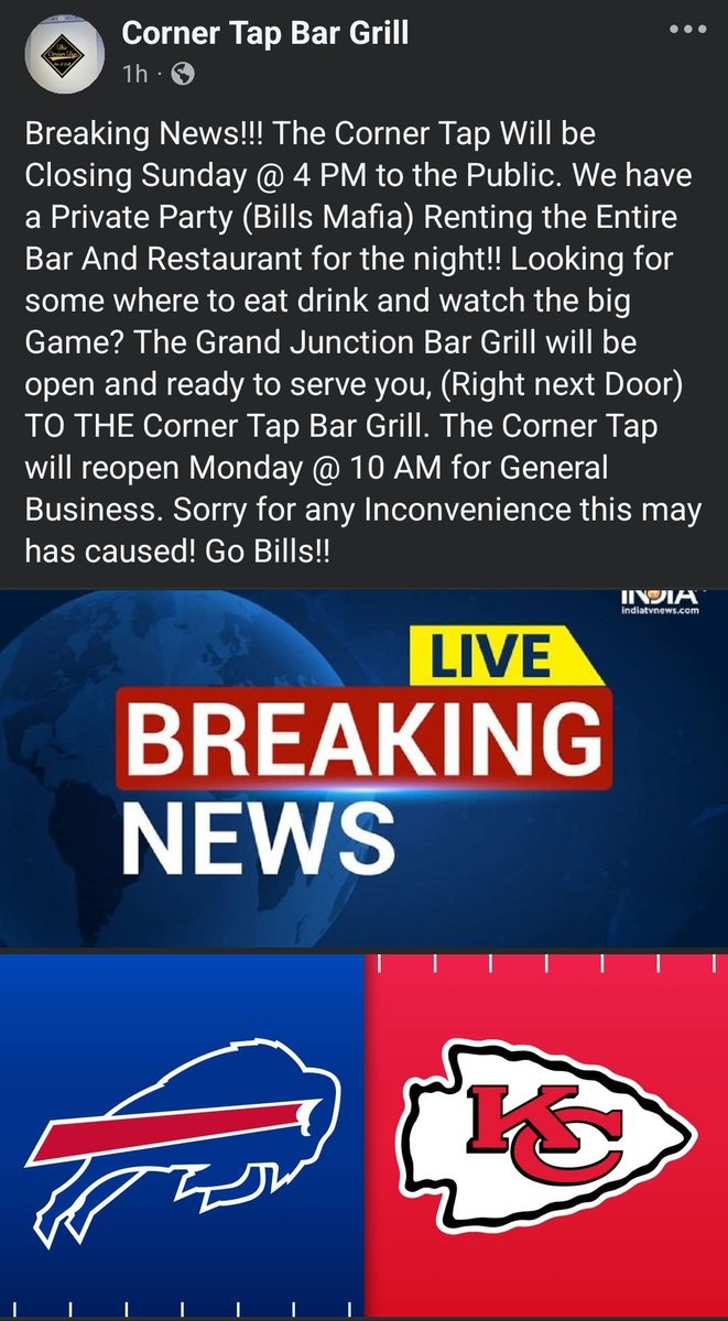 Hey #BillsMafia in Iowa! You looking for a place to gather with 100+ Bills fans for the game on Sunday? Look no further than Corner Tap in West Des Moines! They're shutting the doors to everyone else! Come watch the Bills punch their ticket 2 the Superbowl with your fellow mafia!