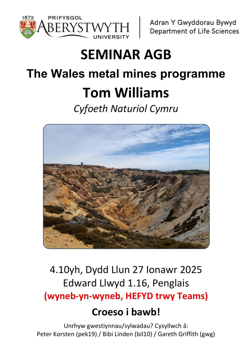 Aberystwyth University DLS/AGB (@aberdlsagb) on Twitter photo Pob dydd Llun rydym yn cynnal ein Seminar Adrannol wythnosol! 🧬🌱
⏰ Amser: 4:10pm
📍 Lleoliad: Edward Llwyd 1.16 neu DM-iwch am ar Rhaglen Mwyngloddfeydd Metel Cymru .
Siaradwr dydd Llun: Tom Williams <a href="/NatResWales/">Cyfoeth Naturiol Cymru | Natural Resources Wales</a> ar Rhaglen Mwyngloddfeydd Metel Cymru
Croeso cynnes i bawb! Pob dydd Llun rydym yn cynnal ein Seminar Adrannol wythnosol! 🧬🌱
⏰ Amser: 4:10pm
📍 Lleoliad: Edward Llwyd 1.16 neu DM-iwch am ar Rhaglen Mwyngloddfeydd Metel Cymru .
Siaradwr dydd Llun: Tom Williams <a href="/NatResWales/">Cyfoeth Naturiol Cymru | Natural Resources Wales</a> ar Rhaglen Mwyngloddfeydd Metel Cymru
Croeso cynnes i bawb!