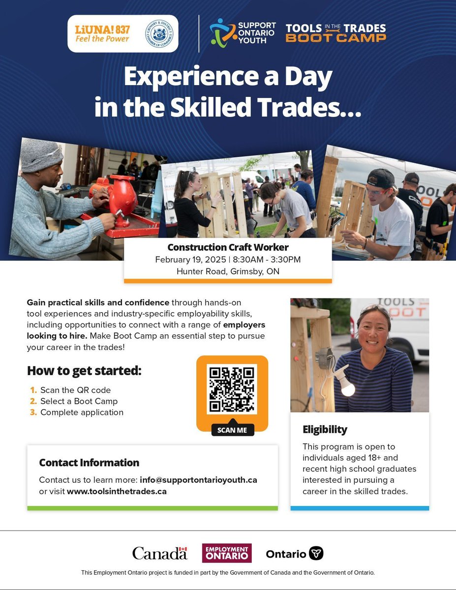 Tools in the Trades Feb 19: Experience a day as a Construction Craft Worker, engage in practical tool activities &amp; network with employers. Our EHC team will be providing free employment services <a href="/LIUNA/">LIUNA</a> @grimsby.chamber @supportonyouth Register Today! buff.ly/4geTiAi