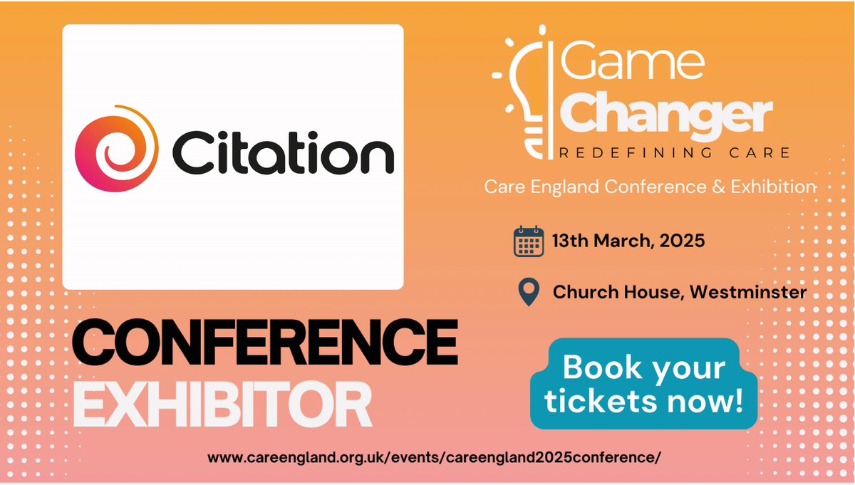 Care England 💚 (@careengland) on Twitter photo 🌟 <a href="/citationltd/">Citation Ltd</a> is a proud sponsor and exhibitor at the Care England 2025 Conference! We're thrilled to have them on board. 🌟
Make sure to visit them at stand no.4!
👇Find more information below:
careengland.org.uk/events/careeng…
#socialcare #CareEnglandConf25 #GameChanger #CareEngland 🌟 <a href="/citationltd/">Citation Ltd</a> is a proud sponsor and exhibitor at the Care England 2025 Conference! We're thrilled to have them on board. 🌟
Make sure to visit them at stand no.4!
👇Find more information below:
careengland.org.uk/events/careeng…
#socialcare #CareEnglandConf25 #GameChanger #CareEngland