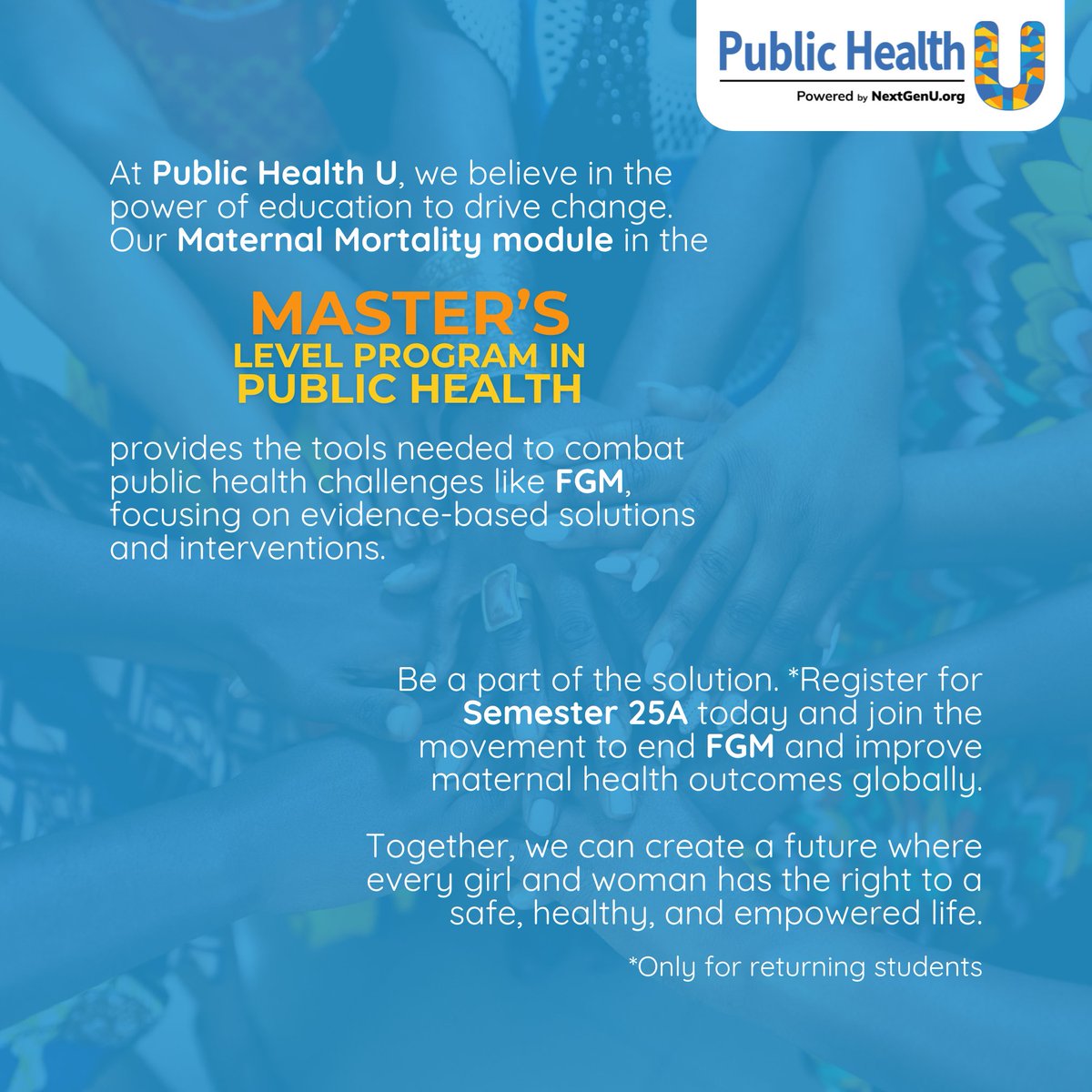 Public_Health_U's tweet photo. On this International Day of Zero Tolerance for FGM, we stand against this harmful practice.
Join our Public Health program to learn how you can make a difference.

📚 Registrations for Semester 25A are open now! 

Register: https://t.co/Puq9jEmsYq https://t.co/N9EDN5OeRc