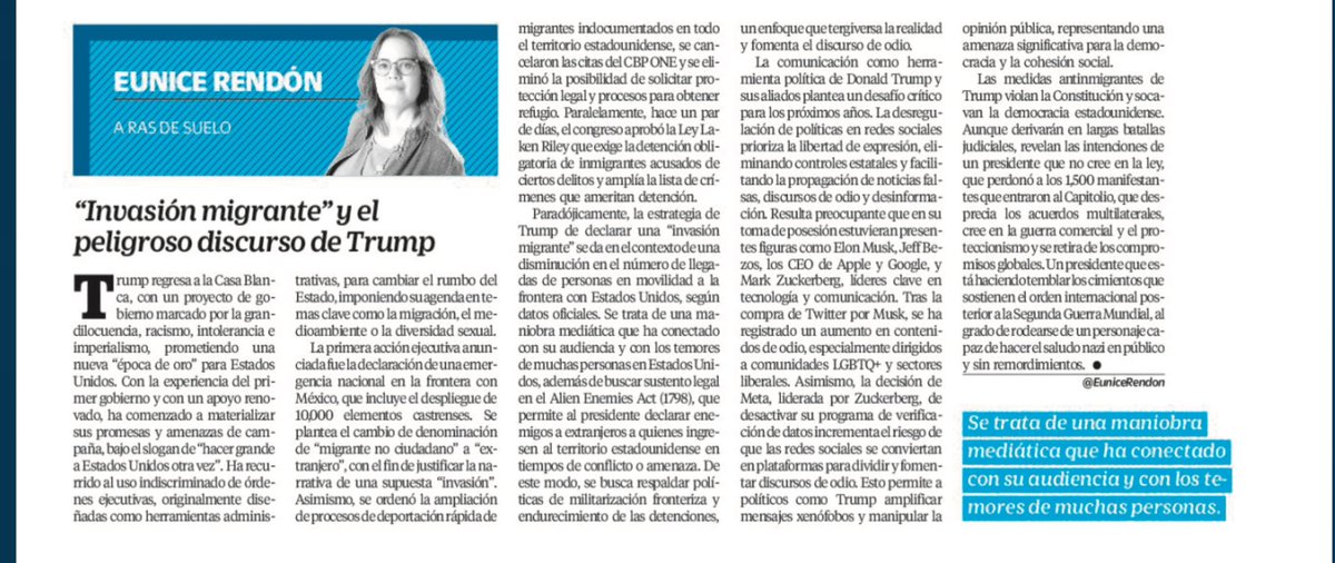 💬 "Invasión migrante" y el peligroso discurso de Trump- Mi columna en <a href="/El_Universal_Mx/">El Universal</a> analiza cómo el regreso de Trump marca un giro radical: militarización fronteriza, xenofobia y desinformación como herramientas políticas.  
📖 Léela aquí eluniversal.com.mx/opinion/eunice… #Migración
