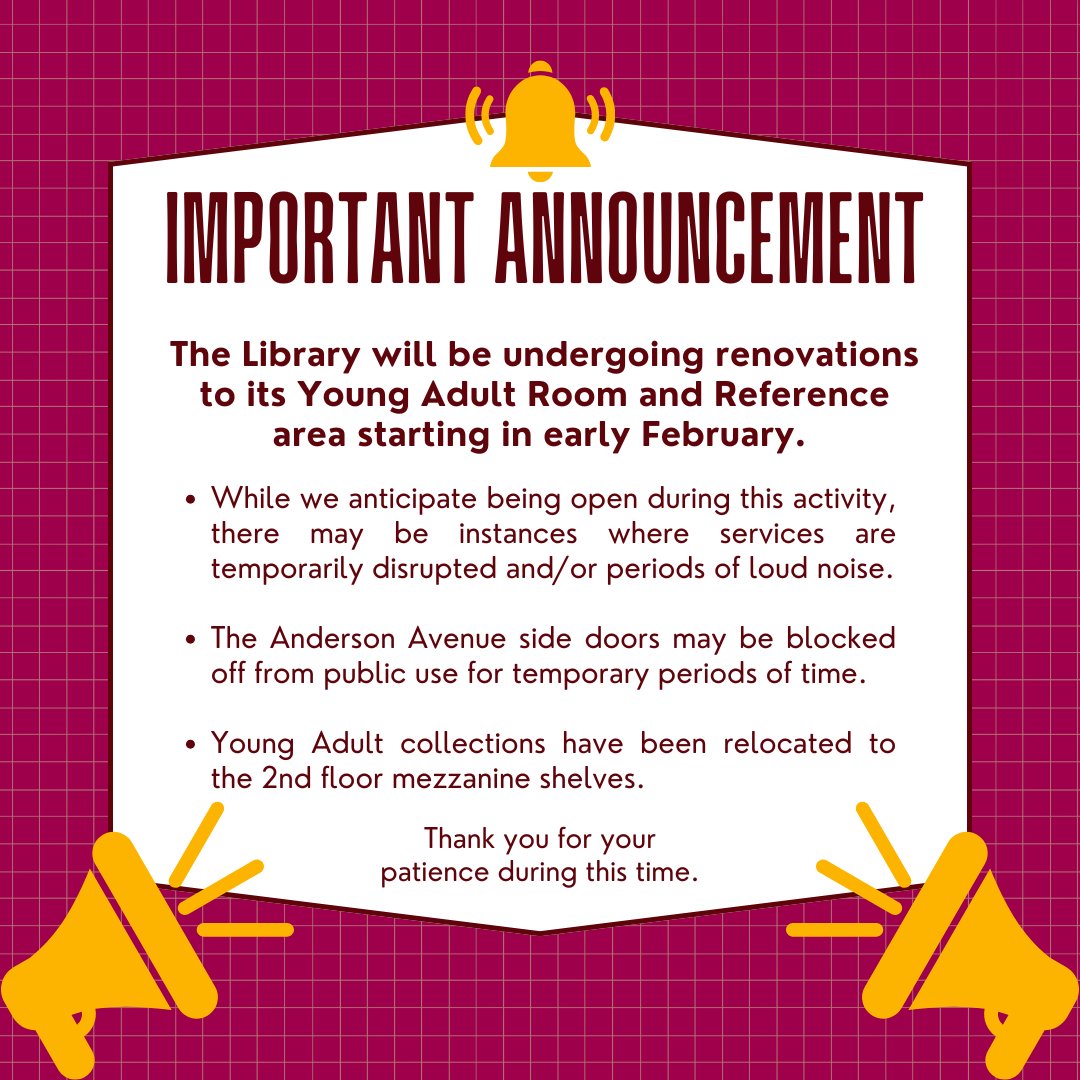 BergenfieldLib's tweet photo. The library will be undergoing a renovation starting next week! Check the graphic below for a quick look on what to expect, available in English and Spanish. (Alt text also available.) https://t.co/ZQGsDpQccP