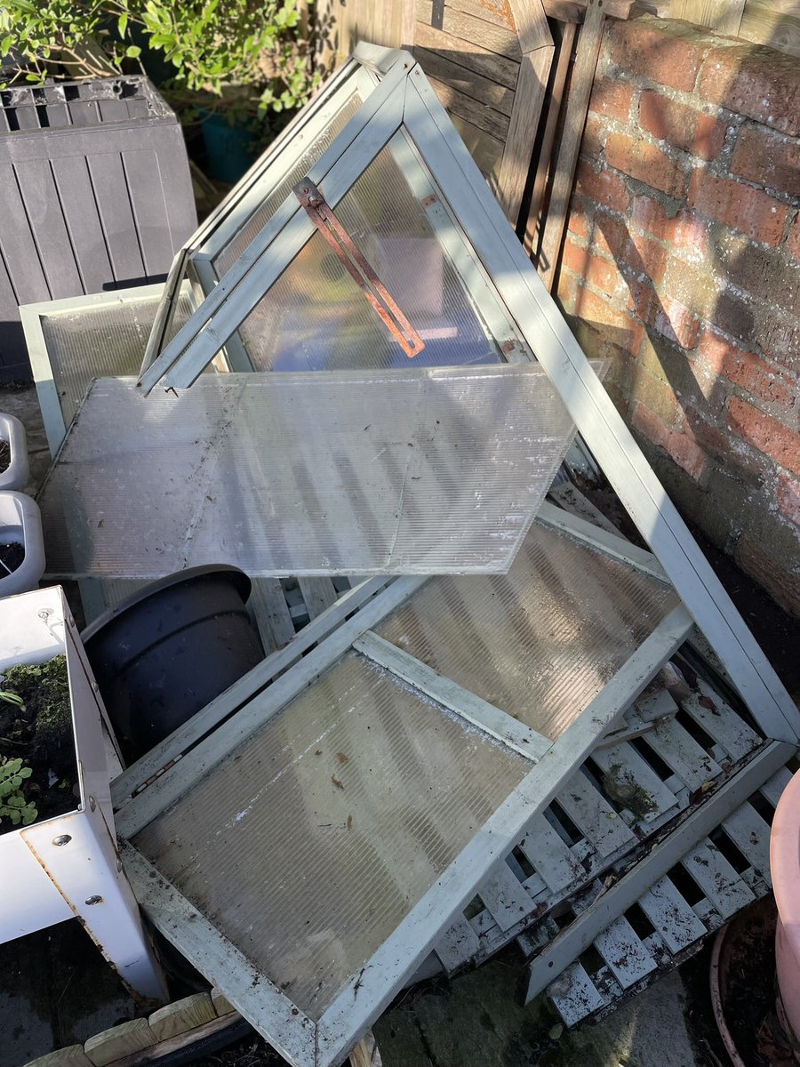 derekb67's tweet image. It looks like I may need a new cold frame, Éowyn has taken care of this one.  I was for moving it to the allotment, it could go in pieces and try putting it back together there. #storméowyn #eowyn #coldframe #allotment