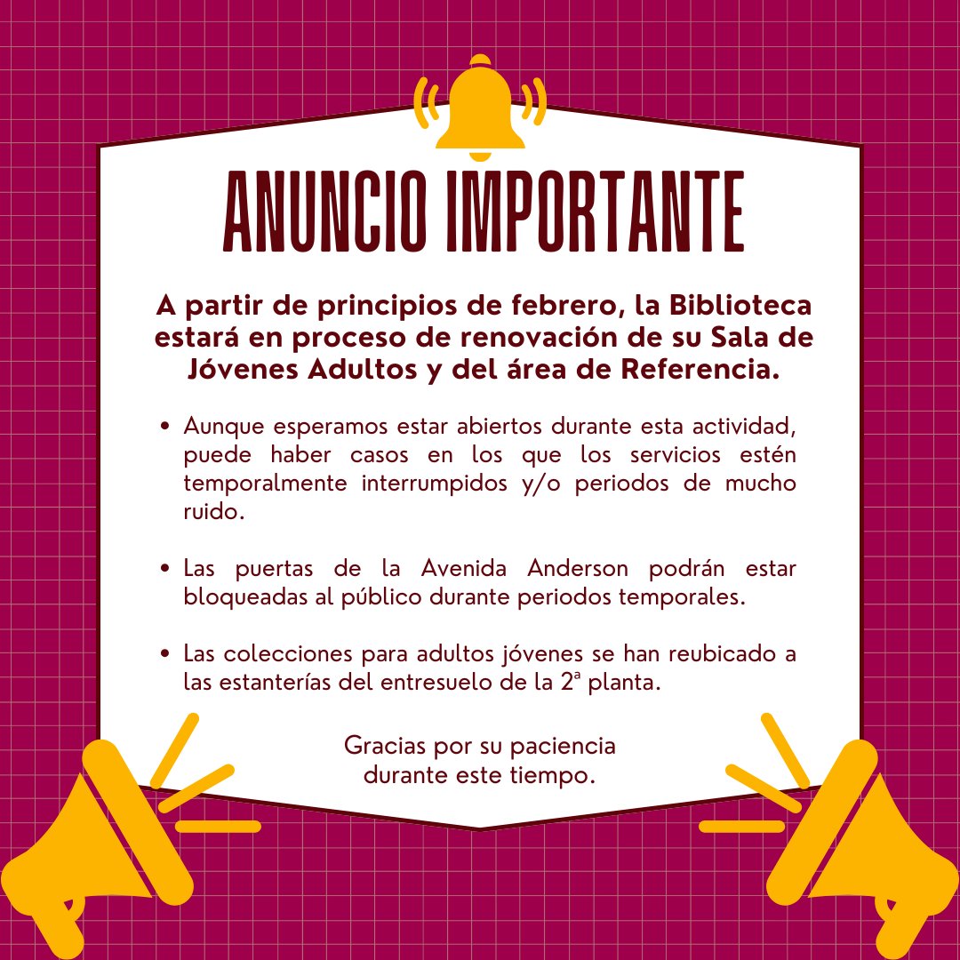 The library will be undergoing a renovation starting next week! Check the graphic below for a quick look on what to expect, available in English and Spanish. (Alt text also available.)