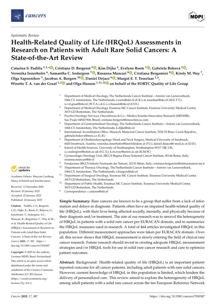 crisbergerot's tweet photo. Rare cancers often lack research on HRQOL, leaving patients with unmet needs

Our review @Cancers_MDPI of 464 studies shows progress in HRQOL assessment but highlights gaps in tools for many cancer types @csimoes96 @Winette_vdGraaf @OlgaHusson @EORTC_QLG

https://t.co/8I5Tp4X2la https://t.co/Bx3fSKKtvi