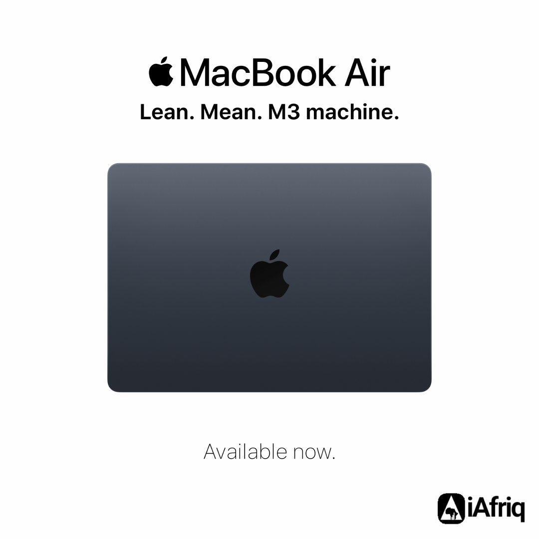 "Experience the power of sleek performance with the MacBook Air! Lightweight, ultra-fast and built for productivity. Available at iAfriq 💻✨

#MacBookAir
#AppleTech  
#iAfriq 
#TechTrends