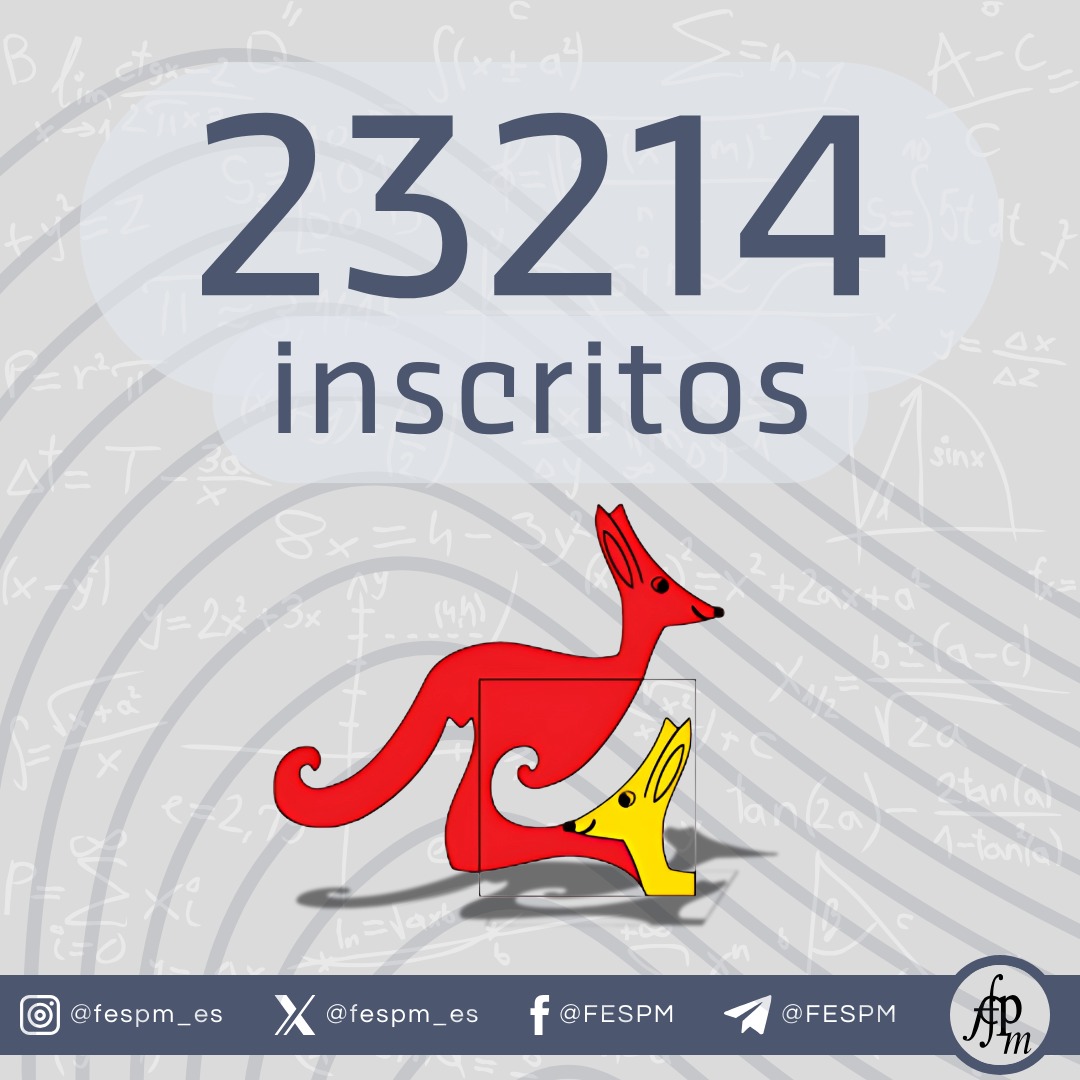 Finalizado el plazo de inscripción para ESO y Bachillerato, 23.214 estudiantes de 756 centros educativos participarán en la edición de 2025 del Canguro Matemático.

Os recordamos que el plazo para los centros de Primaria finaliza el 1 de marzo.

+info en canguromat.es.